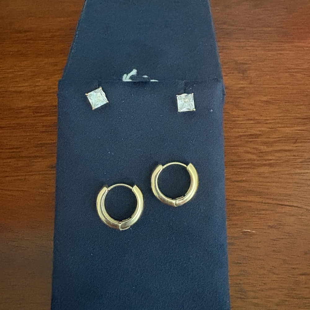 Gold Huggie Hoop Earrings + Square CZ Studs